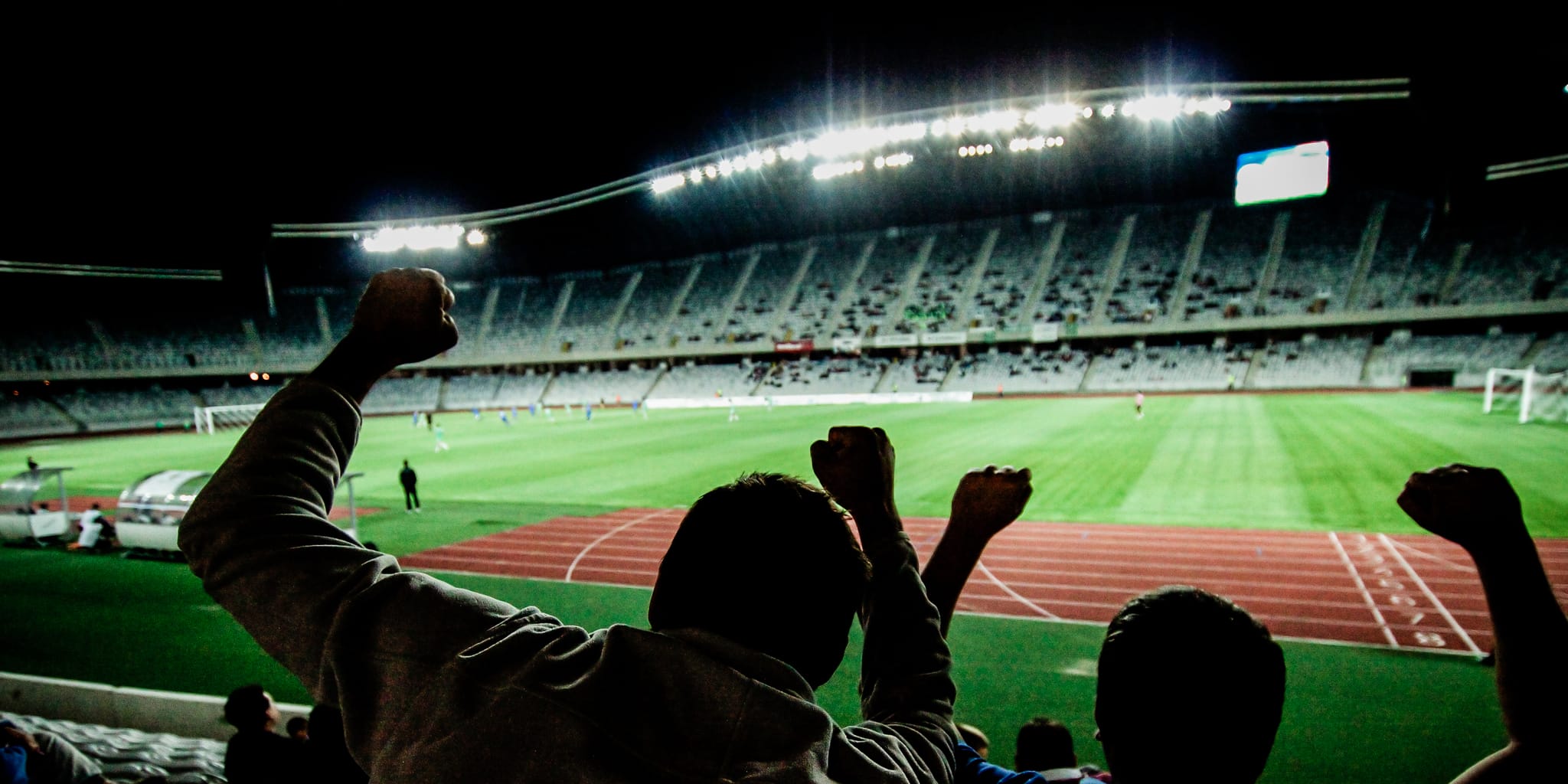 Silhouetten van juichende supporters in een verlicht stadion bij avond.